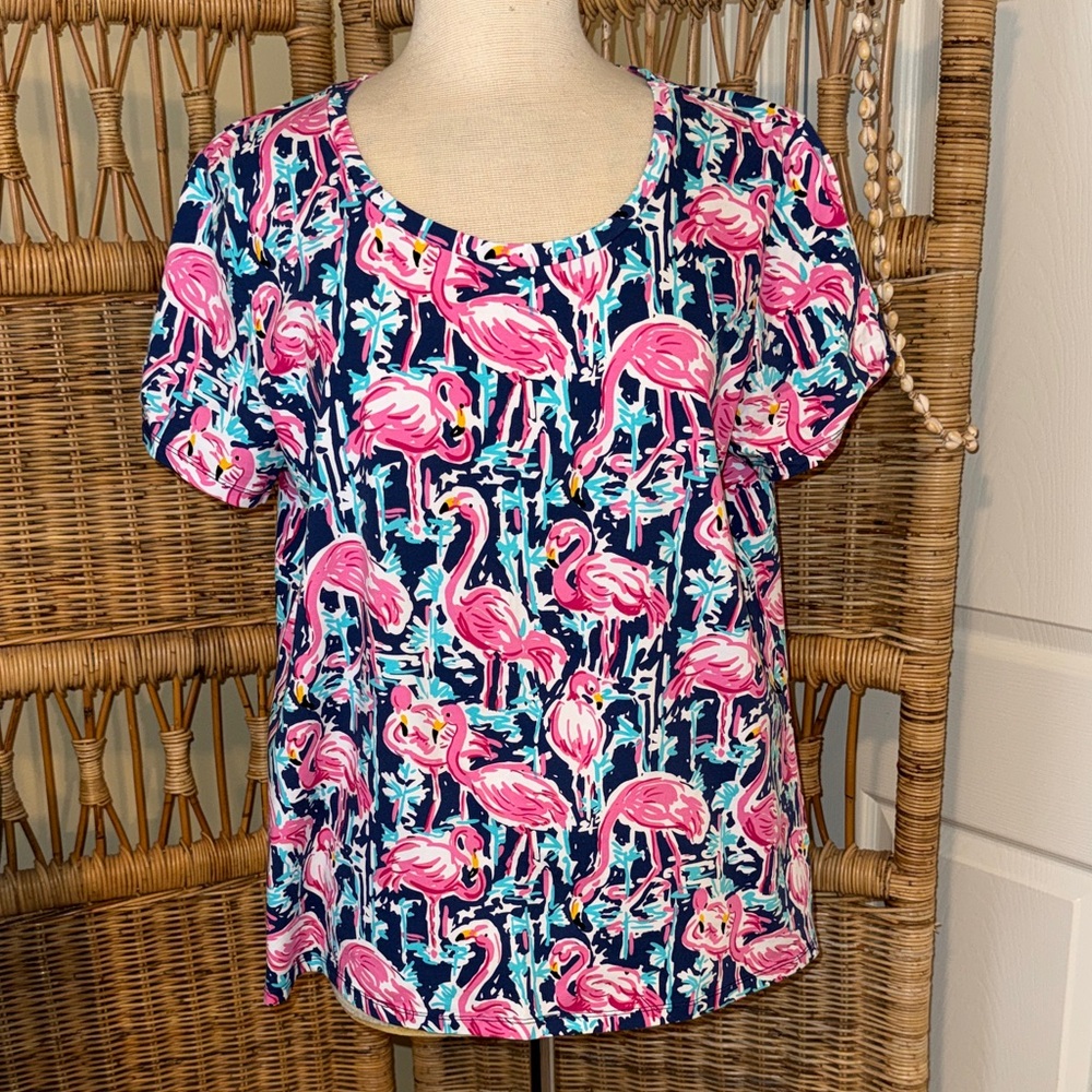 Caribbean Joe Navy Short Sleeve Top with Pink Flamingo Print